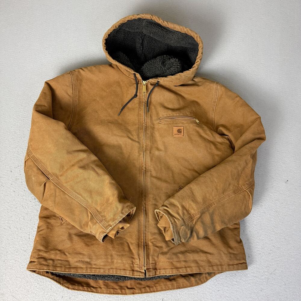 RACK Carhartt JQW211 Brown Duck Canvas Sherpa Lined Hooded Work Jacket Large